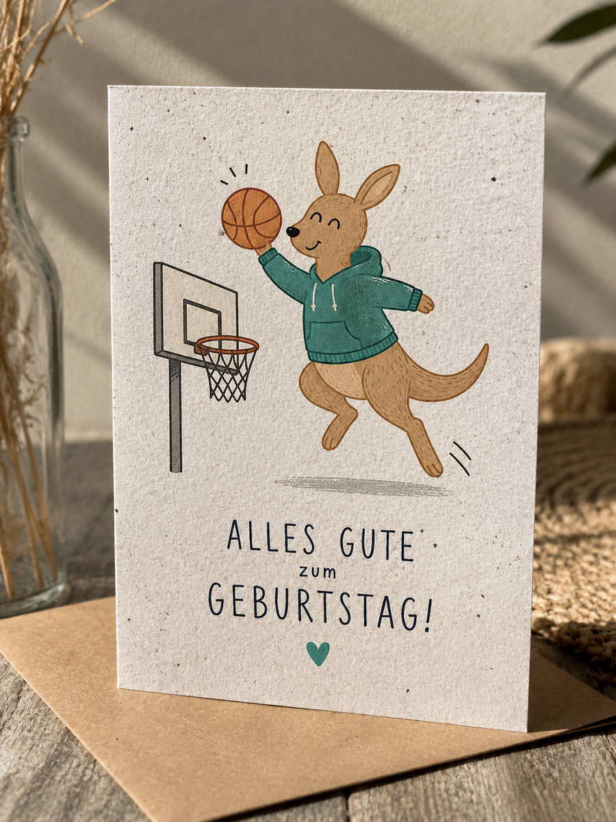 Lustige Saatpapierkarte Geburtstagskarte - Känguru spielt Basketball