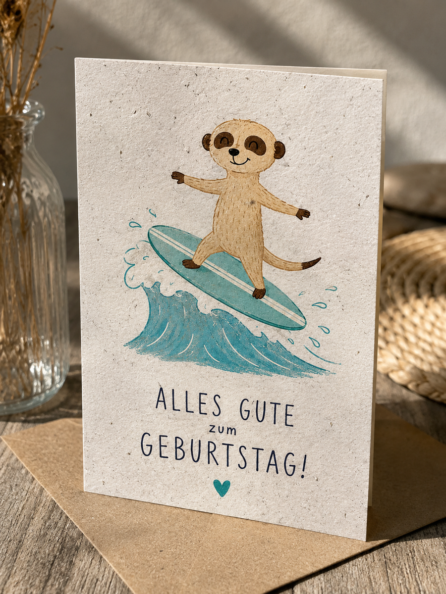 Saatpapierkarte Geburtstag - Erdmännchen auf dem Surfboard