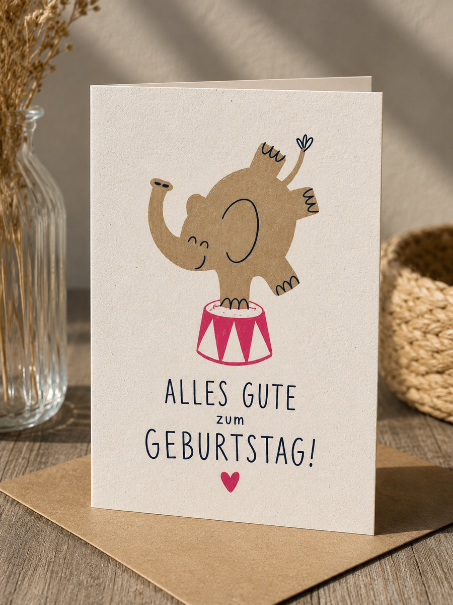 Geburtstags Saatpapierkarte - Elefant im Zirkus