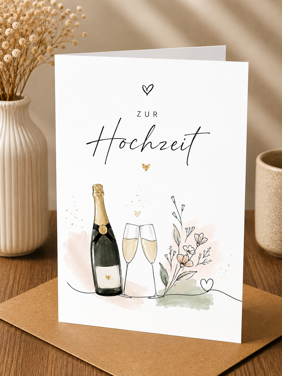 Hochzeits Saatpapierkarte - Zur Hochzeit fröhlich Sekt Blumen