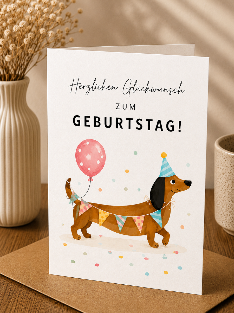 Geburtstags Saatpapierkarte - Herzlichen Glückwunsch zum Geburtstag farbenfroh Dackel