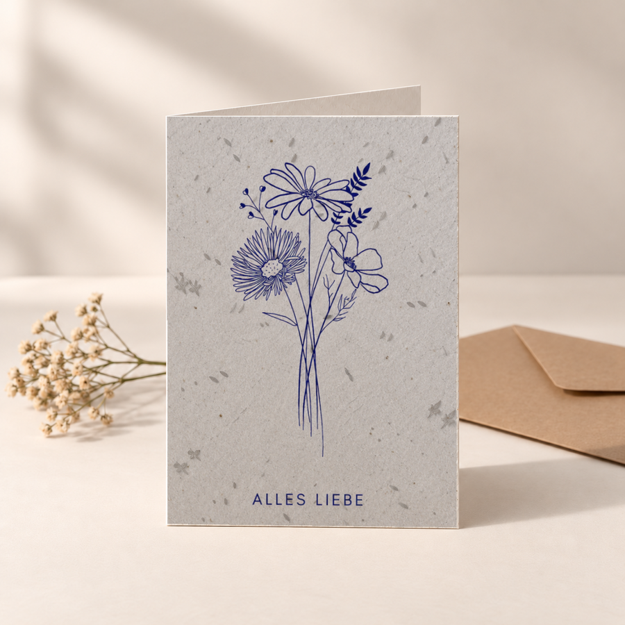 Hochzeitskarte aus Saatpapier – Blauer Blumenstrauß