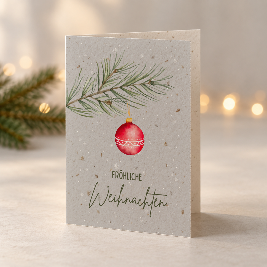 Weihnachtskarte aus Saatpapier – Rote Winterkugel