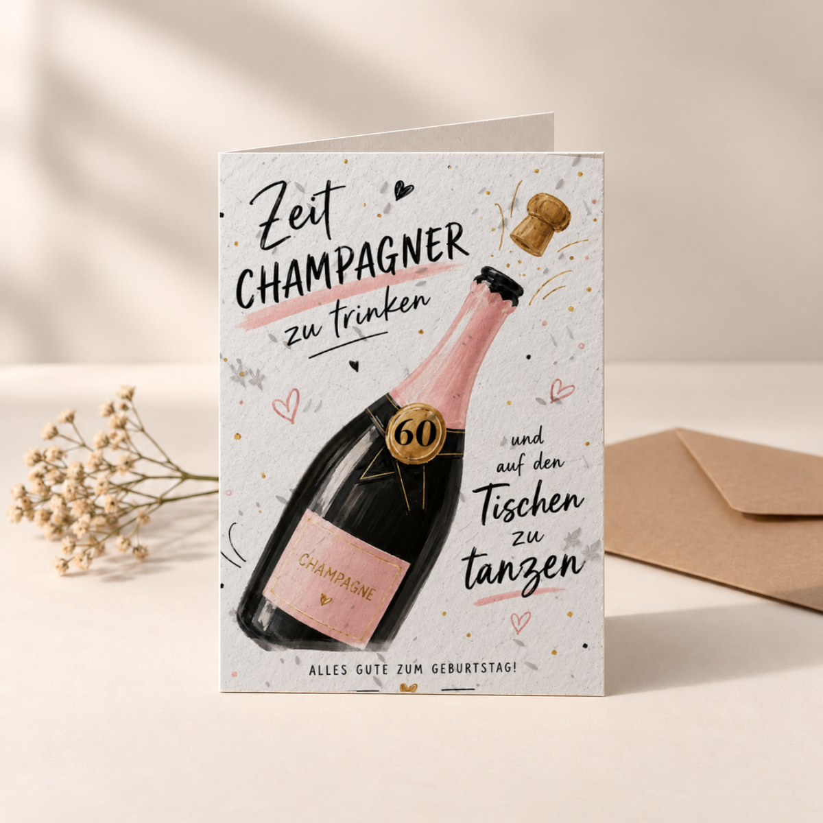 Geburtstagskarte aus Saatpapier – Champagner