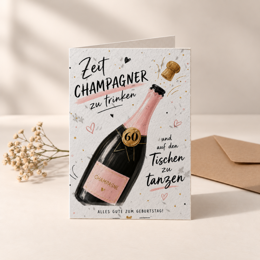 Geburtstagskarte aus Saatpapier – Champagner