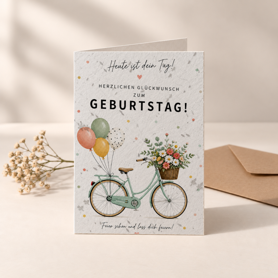 Geburtstagskarte aus Saatpapier – Fahrrad mit Blumen