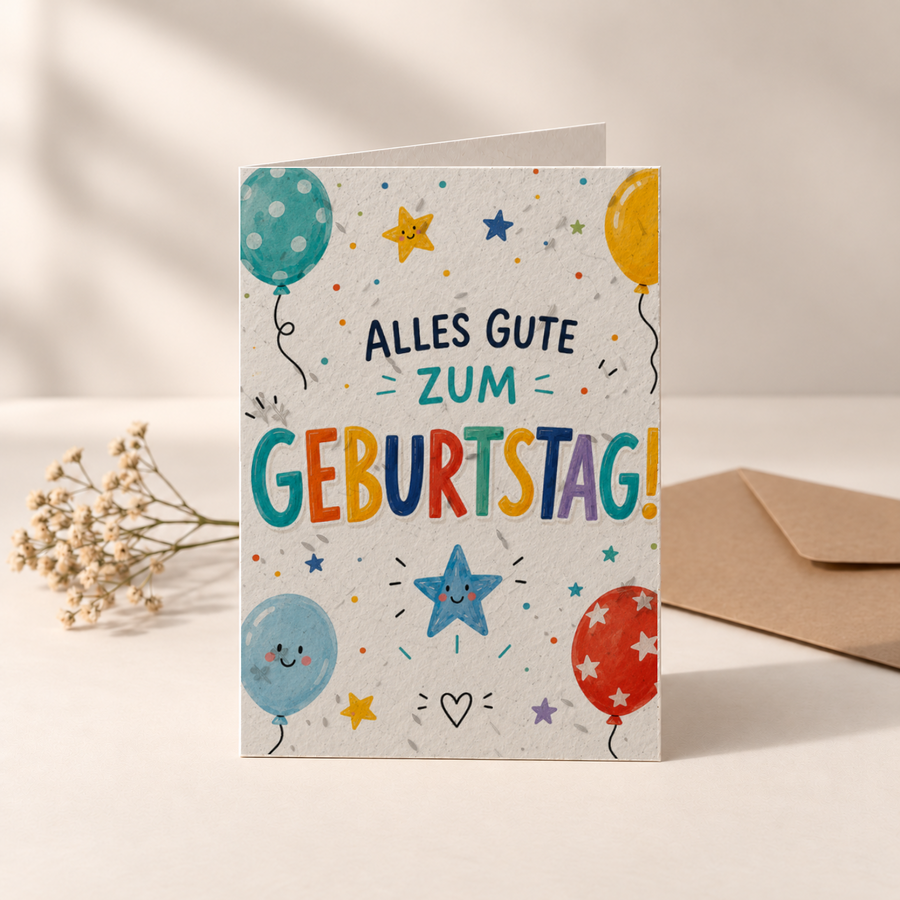 Geburtstagskarte aus Saatpapier – Bunte Luftballons