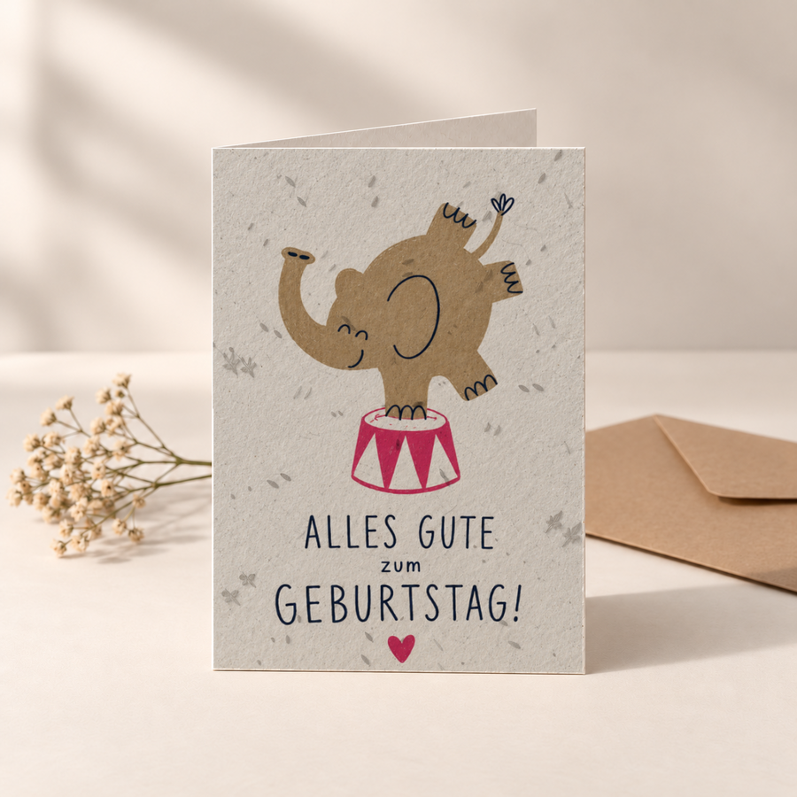 Geburtstagskarte aus Saatpapier – Elefant im Zirkus