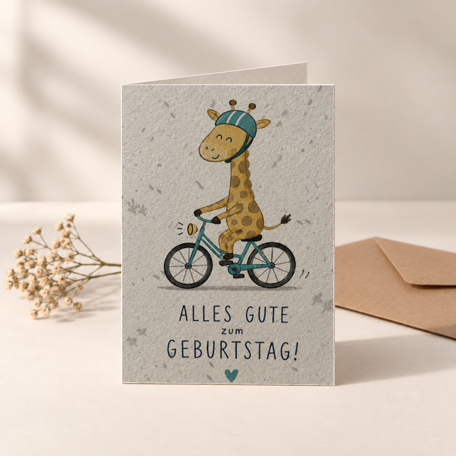 Geburtstagskarte aus Saatpapier – Giraffe auf dem Fahrrad