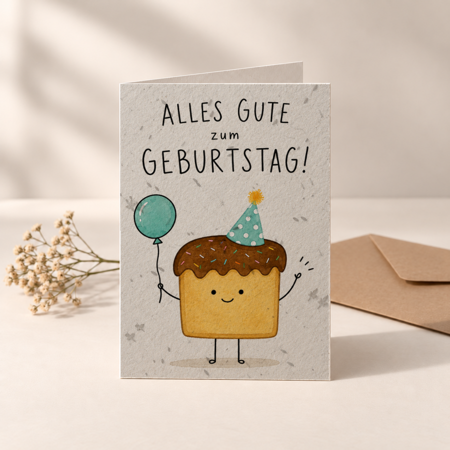 Geburtstagskarte aus Saatpapier – Winkender Kuchen
