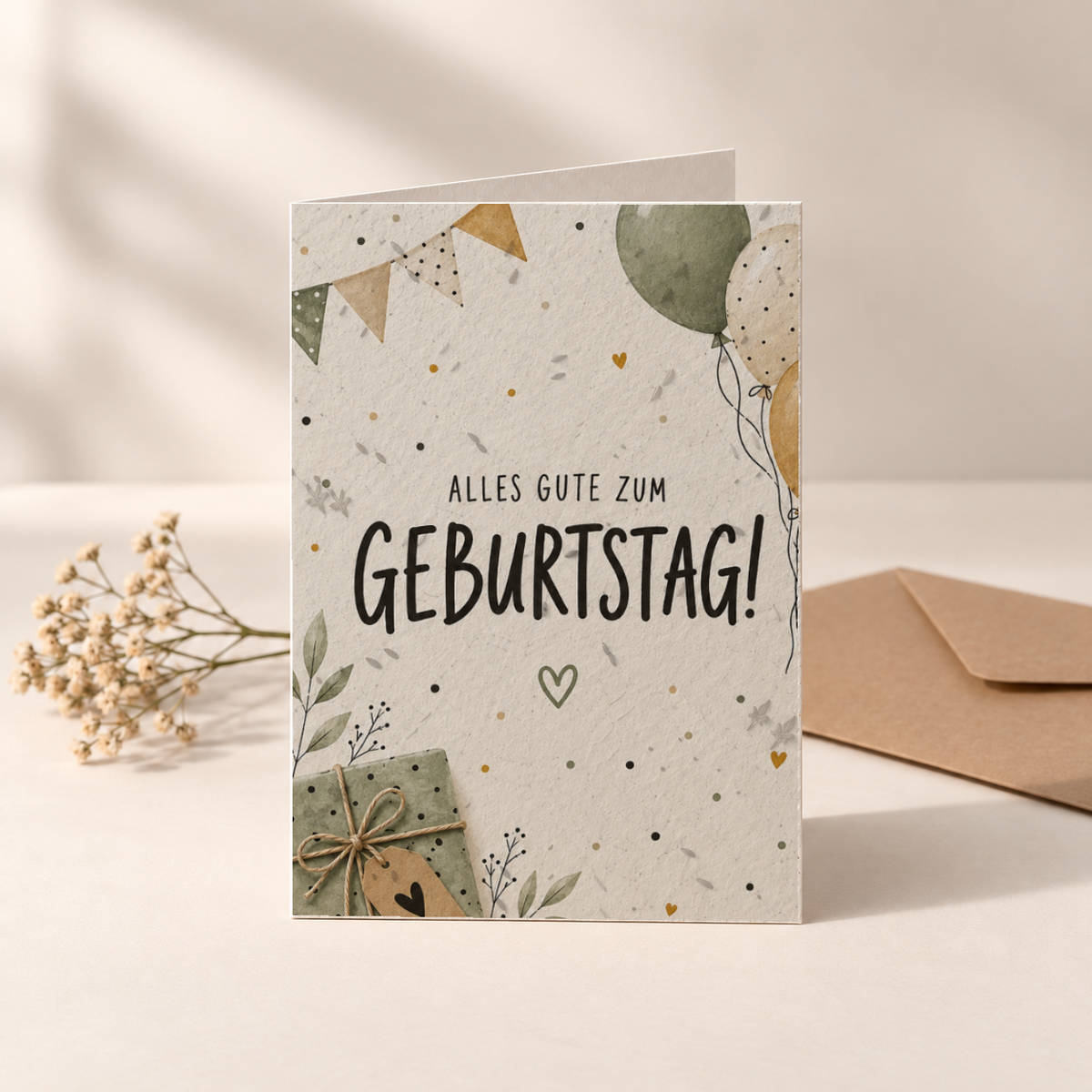 Geburtstagskarte aus Saatpapier – Geschenke und Luftballons