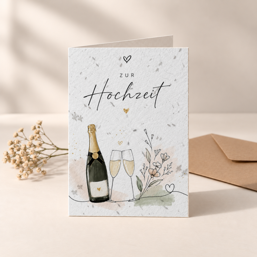 Hochzeitskarte aus Saatpapier – Sekt und Blumen