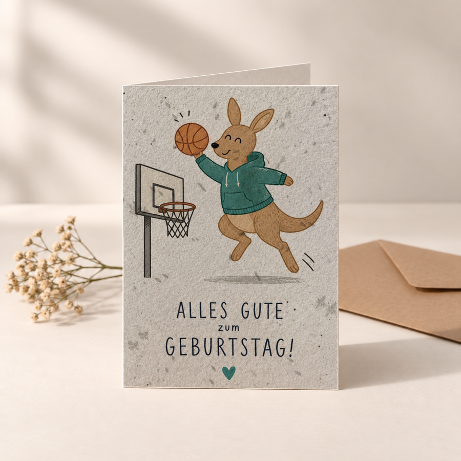Geburtstagskarte aus Saatpapier – Känguru beim Basketball
