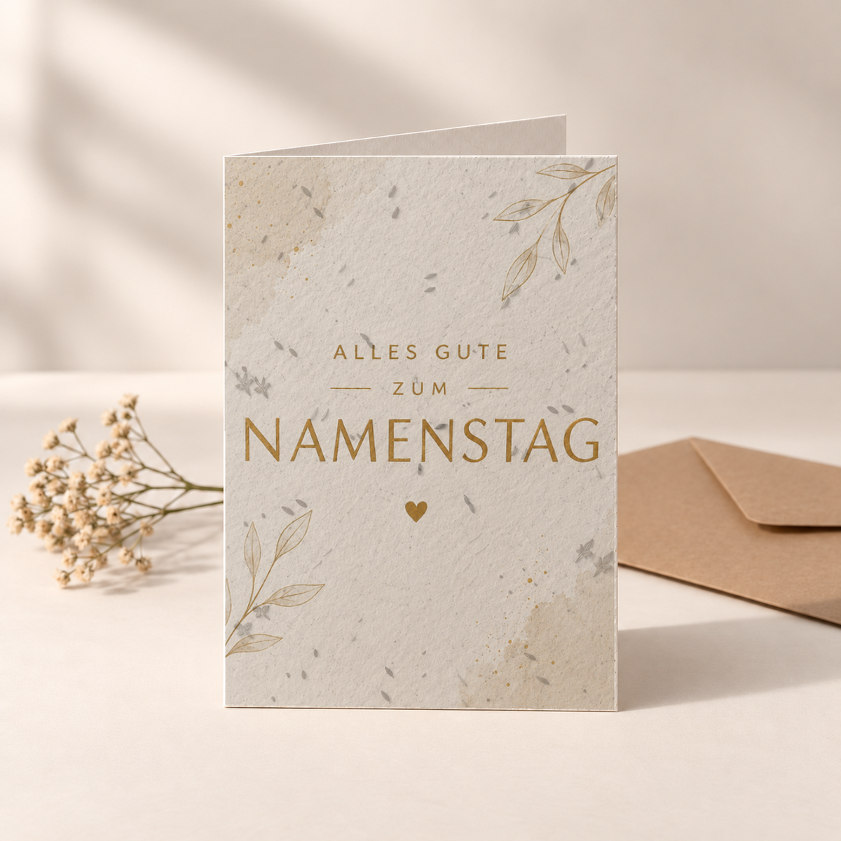 Namenstagskarte aus Saatpapier – Schlichtes Blätterdesign