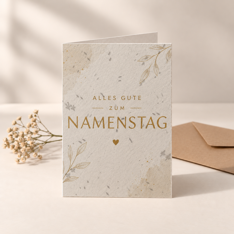 Namenstagskarte aus Saatpapier – Schlichtes Blätterdesign