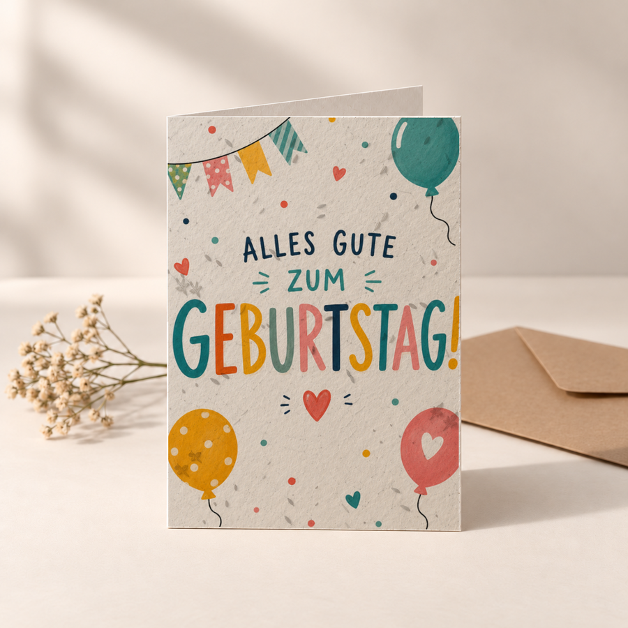 Geburtstagskarte aus Saatpapier – Bunte Luftballons