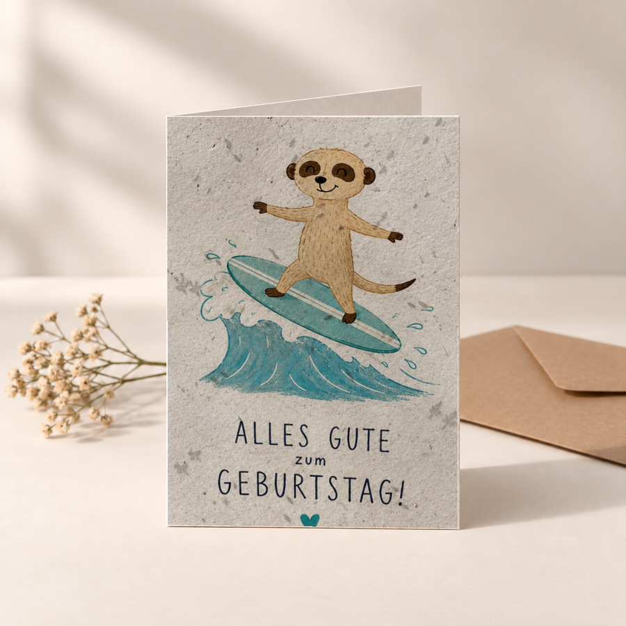 Geburtstagskarte aus Saatpapier – Erdmännchen auf dem Surfboard