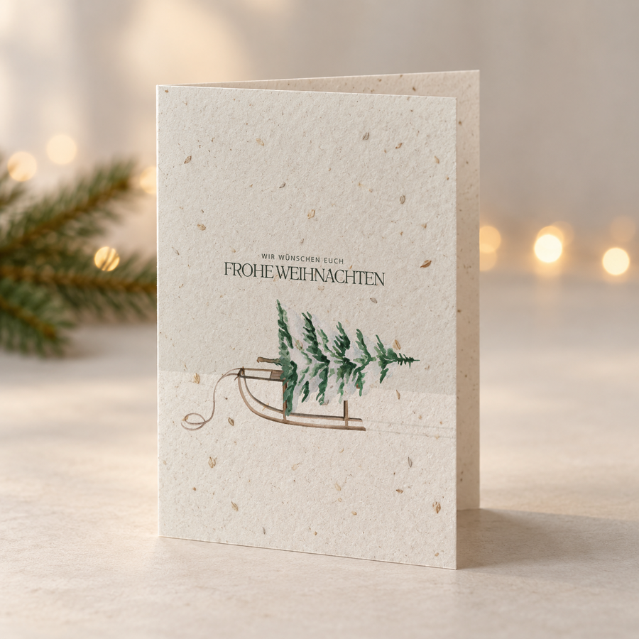 Weihnachtskarte aus Saatpapier – Tannenbaum auf Schlitten