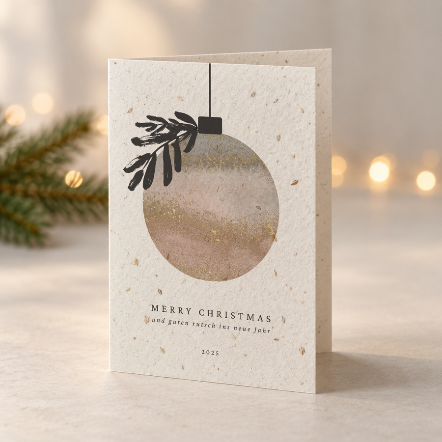 Weihnachtskarte aus Saatpapier – Goldene Kugel